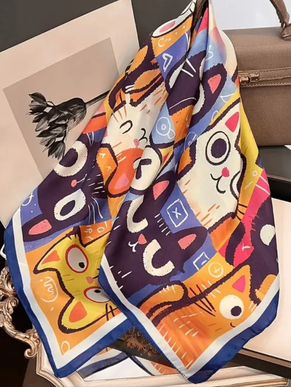 Silk-feel Colorful Cat Print Pet - Multicolor  Head Scarf , Neck Scarf